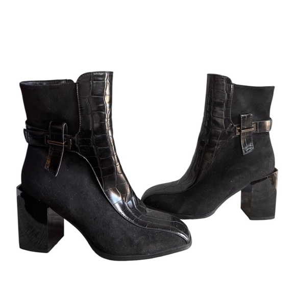 NEW Torgeis Fontaine Black Croc-Embossed  Block Heel Ankle Boots w/ Buckle Sz 8 - Picture 9 of 15